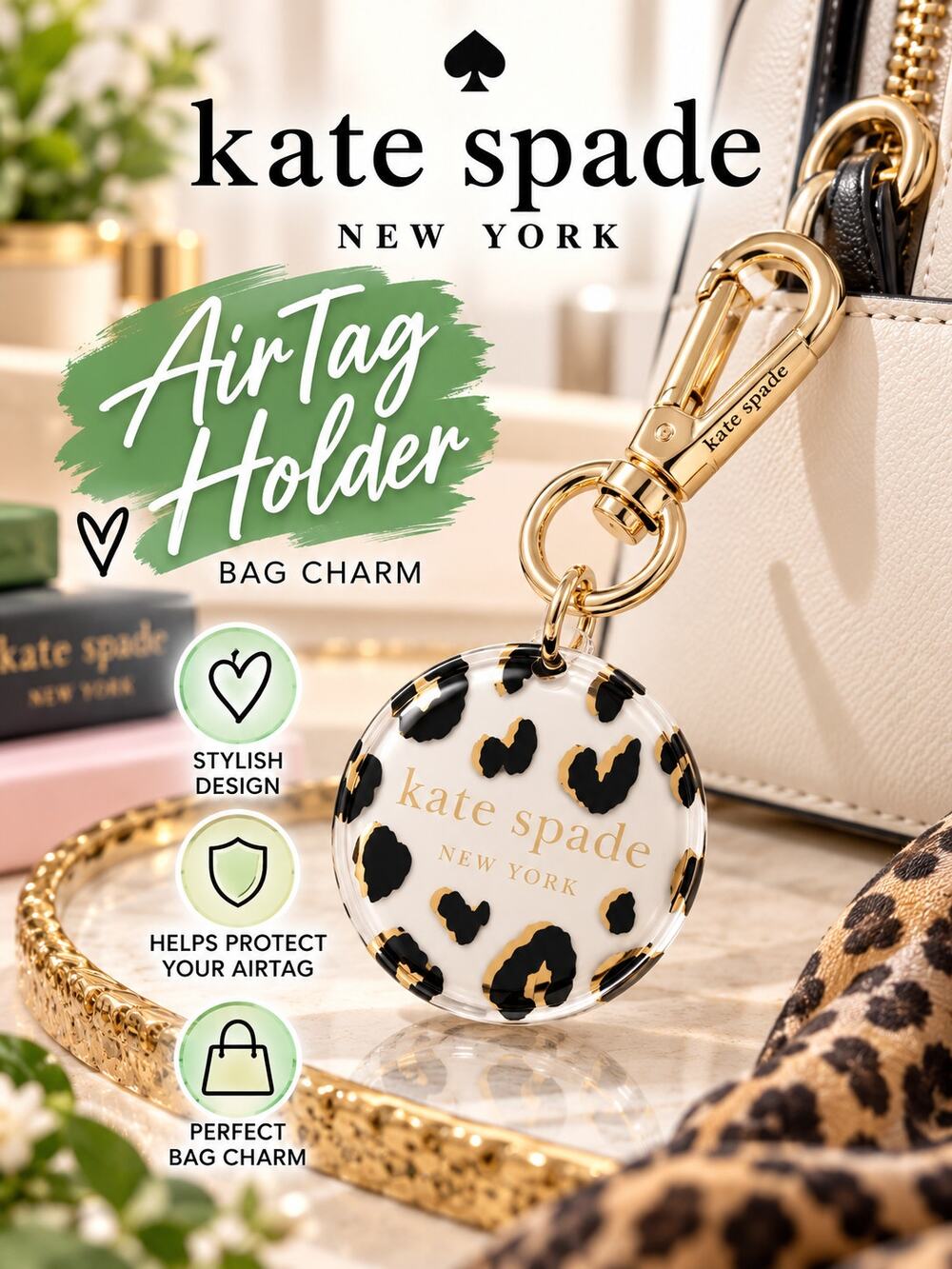 Kate Spade Leopard AirTag Holder/Bag Charm with Gold Ring Clip NIB